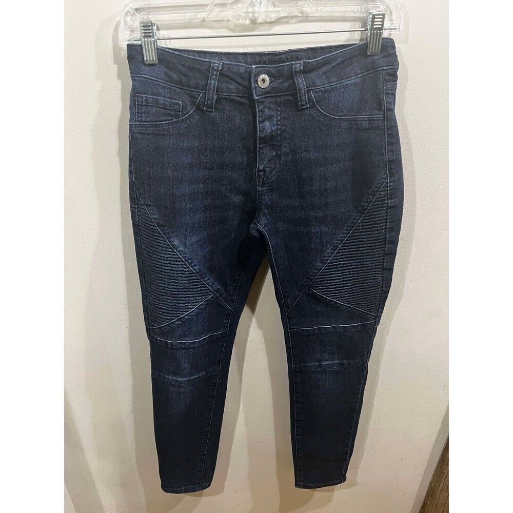 Arizona Jeans Women's Moto Size 5 Blue Dark Wash Whiskered Punk Motorcycle Denim